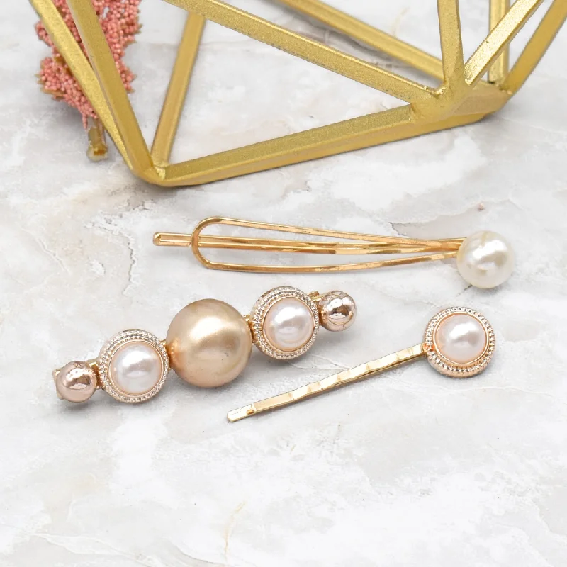 satin hair clips for delicate hair -3 piece vintage pearl set