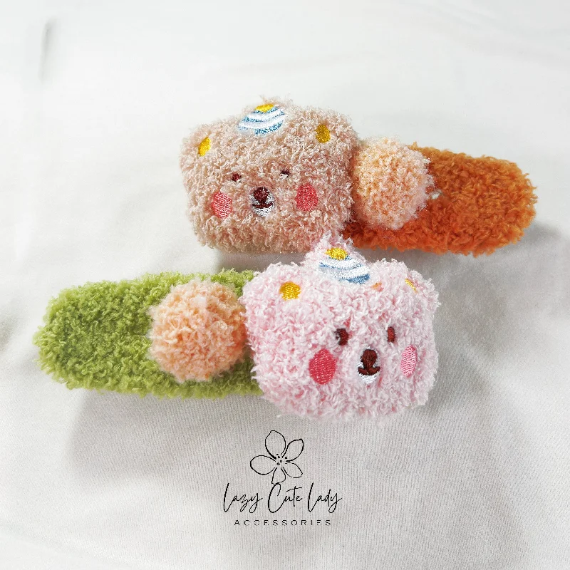 rhinestone hairpins for eye-catching styles -Adorable Plush Bear Hair Clip with Birthday Hat Embroidery - hair Accessory