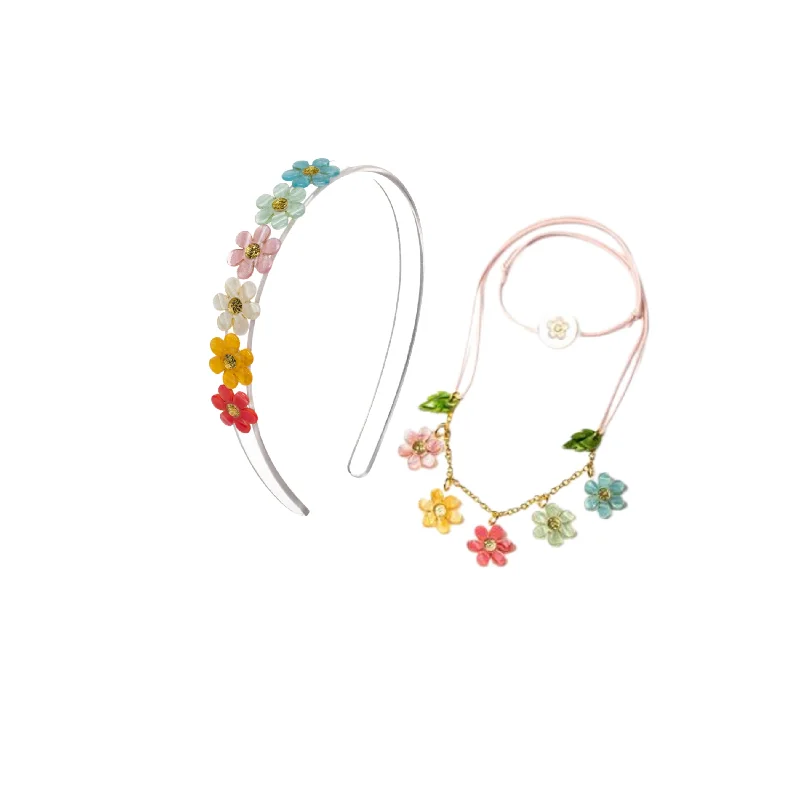 minimalist headbands for chic looks -Colorful Flowers Headband & Necklace Combo