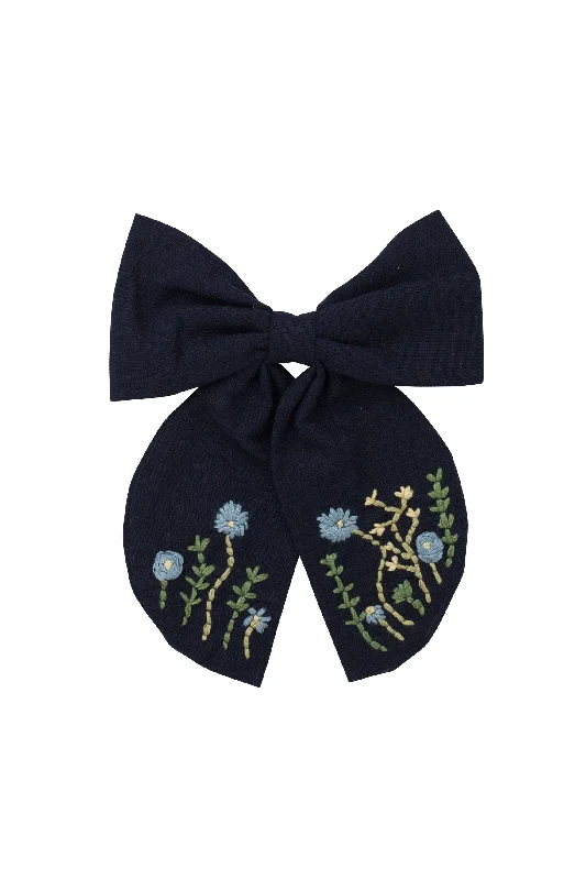 velvet hairbands for cozy fall styles -Embroidered Perfect Bow Clip - Navy