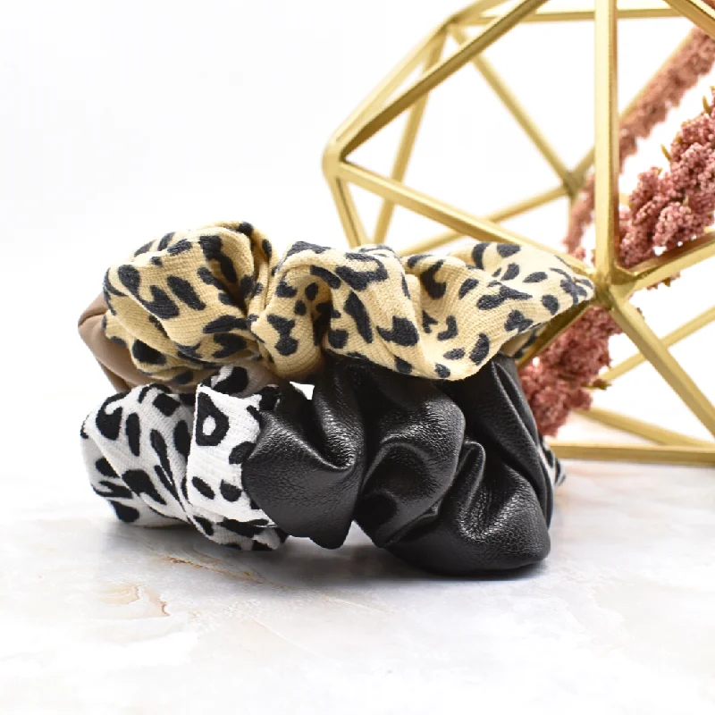 floral hair accessories for weddings -Half leather leopard scrunchie set