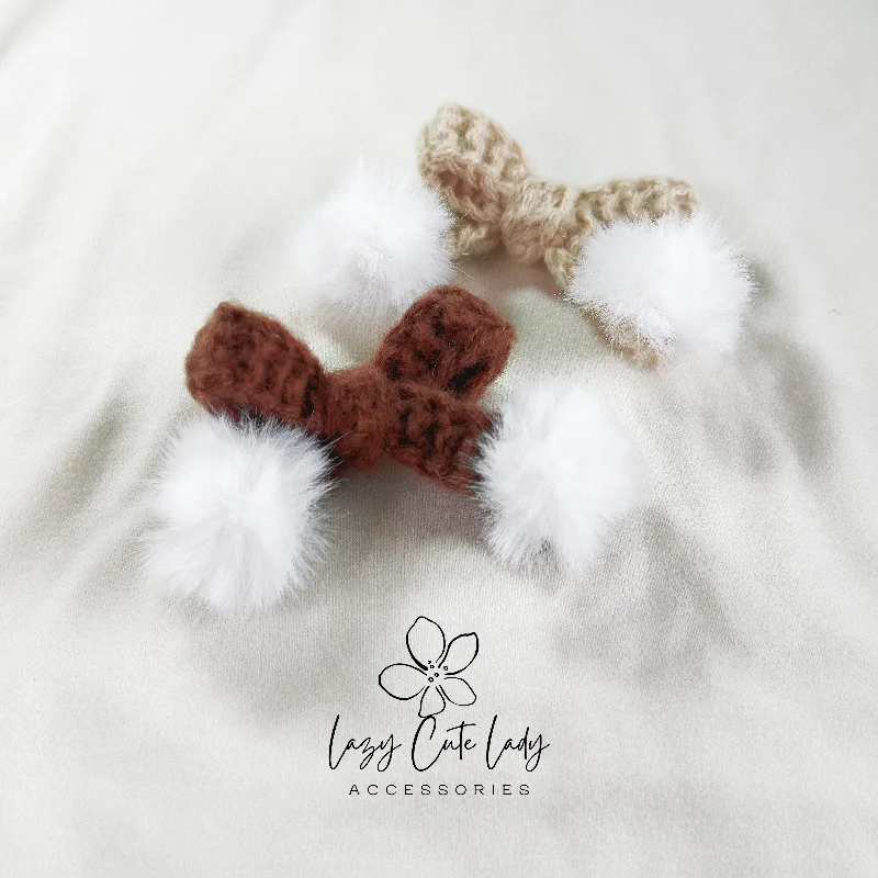 cute star hair clips for kids -Knitted Bow Hair Clip with Plush White Ball Accent