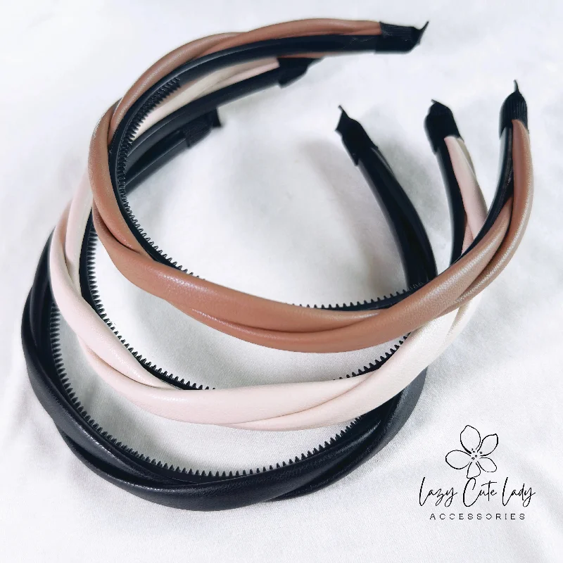 geometric hair accessories for edgy looks -Leather Essence: Premium Minimalist Twisted Headband