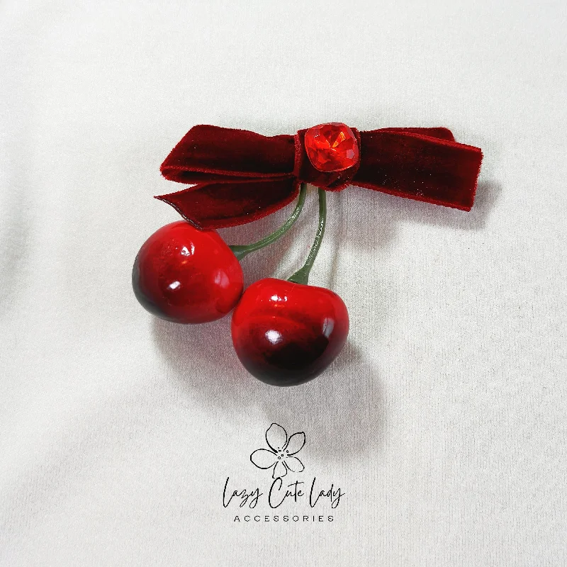 trendy floral headbands for outdoor events -Red Velvet Bow with Cherry Hair Clip