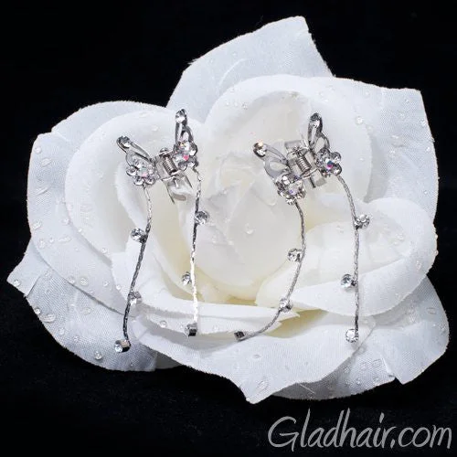 glittery hairpins for festive events -Silver Butterfly Mini Clamps with Trailing Droppers Silver - pair