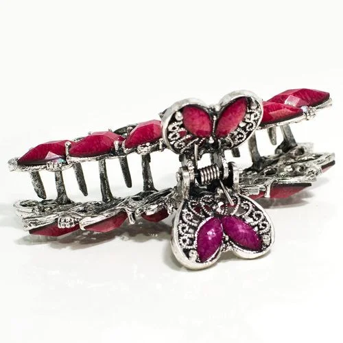 delicate rhinestone clips for everyday elegance -Vintage Flower Shaped Metal Claw with Red Stones and Crystals