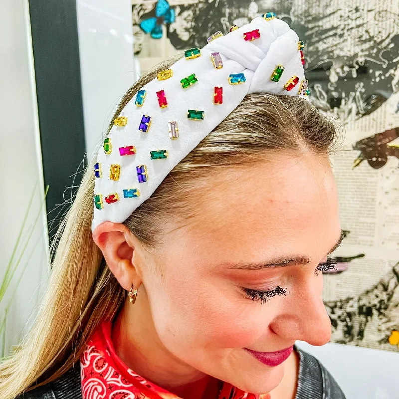 stylish hair combs for evening events -White Velvet Headband w/ Confetti Rainbow Crystals