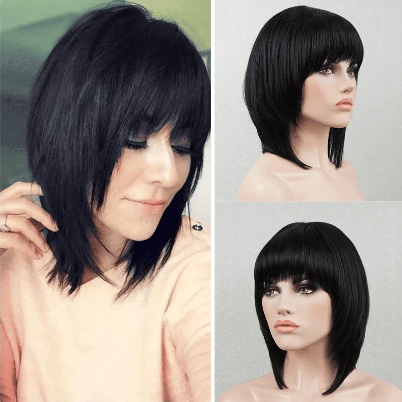 10-14inch Natural Color Short Bob With Bangs Full Lace Human Hair Wigs