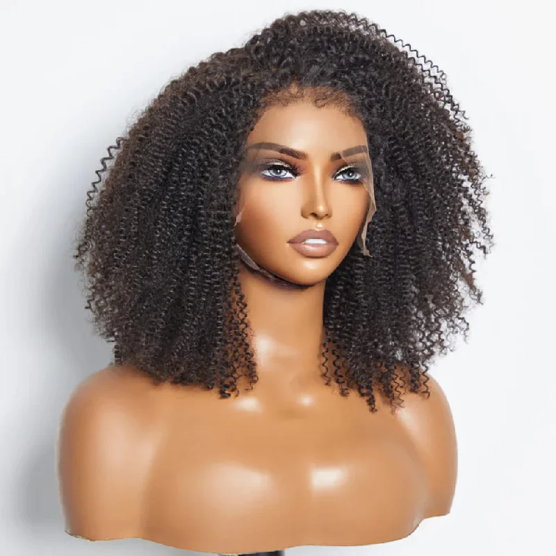 10-14inch Short Black Kinky Curly 4C Edge Glueless 13*4 Front HD Lace Human Hair Wigs