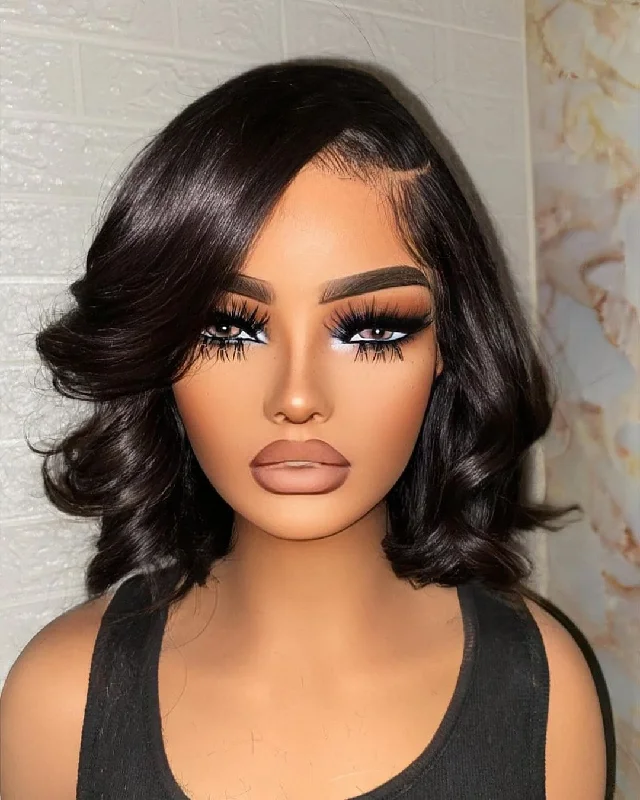 10-14inch Short Black Loose Wave Pre Pluck 13*4 Front HD Lace Human Hair Wigs