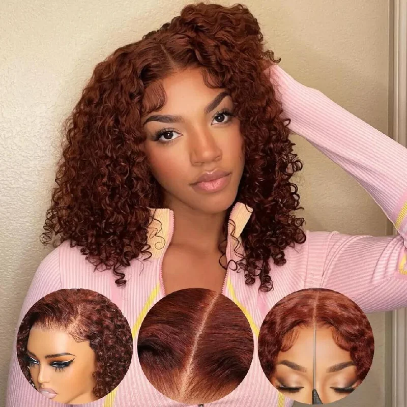 10-14inch Short Reddish Brown Curly Pre Pluck  13*4 Front HD Lace Human Hair Wigs