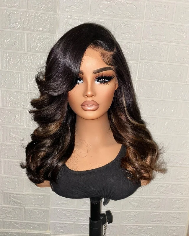 10-26 Inches Chocolate Brown Highlights Color Wave Full Lace Human Hair Wigs