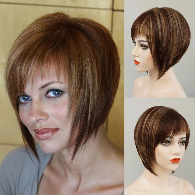 10inch Caramel Highlights Layered Cut with Bangs Human Hair Wig