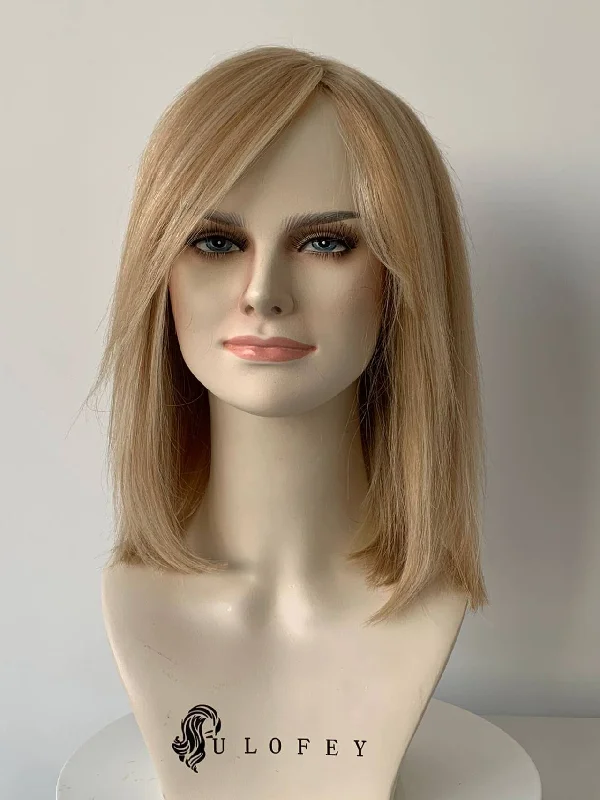 10inch Light Blonde Highlights Bob Glueless With Bangs Human Hair Wig