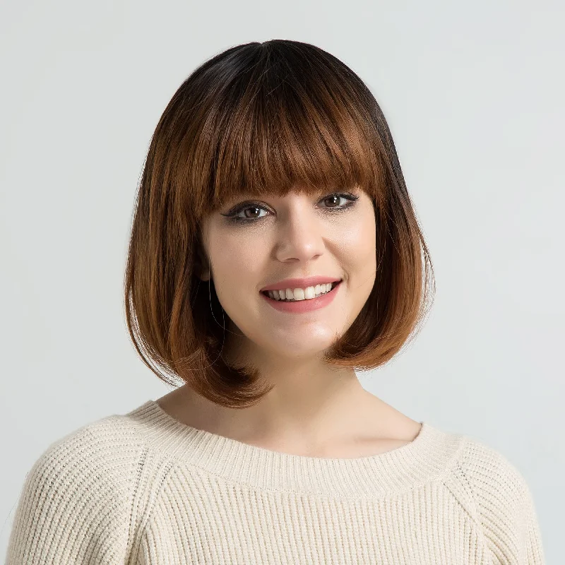 10inch Short Auburn Bob Middle Part With Bangs Breathable Cap Human Hair Wig