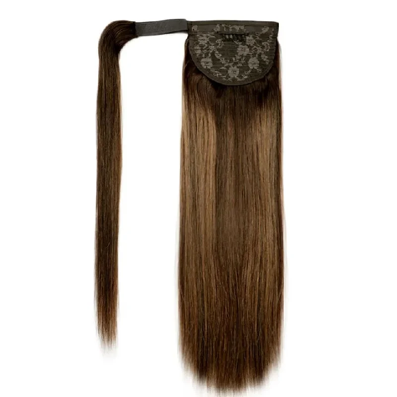 12-28inch Ombre Blonde And Brown Straight Wrap-around Clip On Remy Human Hair Ponytail Extensions