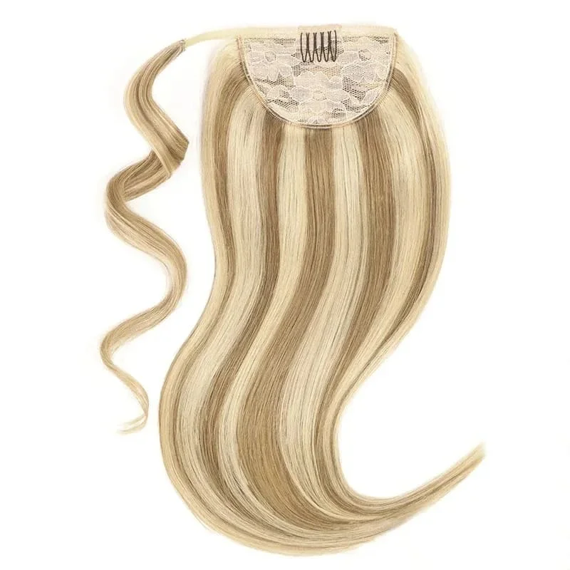 12-28inch P4/613# Highlights Straight Wrap-around Clip On Remy Human Hair Ponytail Extensions