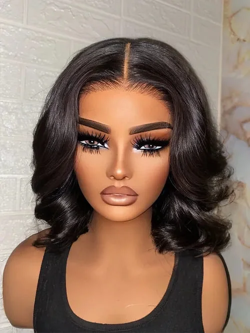 12inch Short Black Double Drawn Loose Baby Wave Glueless 5x5 Closure Human Hair Wig