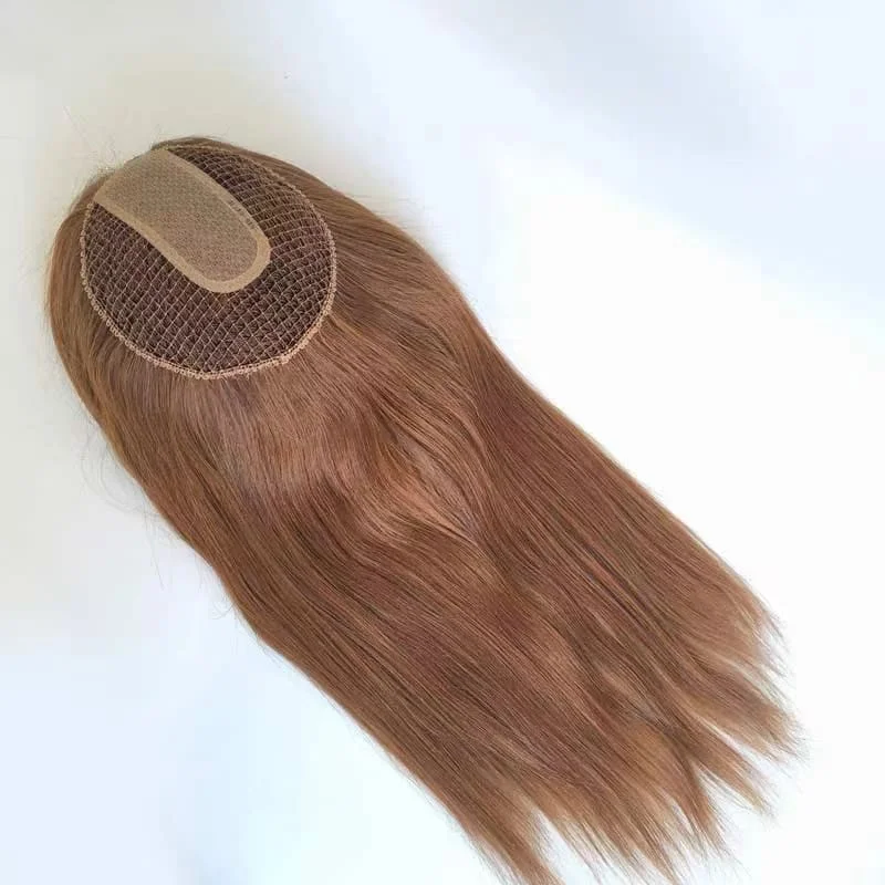 14-18inch Brown Color Straight Fish Net Silk Base Virgin Human Hair Topper