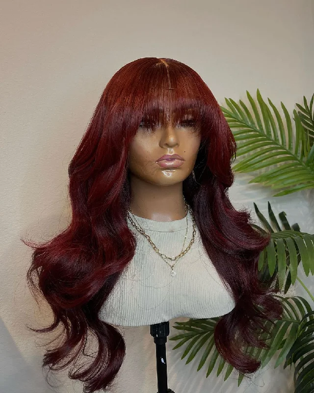 14-24 inch Bright Red⁣ Wavy with Blunt Cut Bangs Glueless 5x5 Closure Human Hair Wig