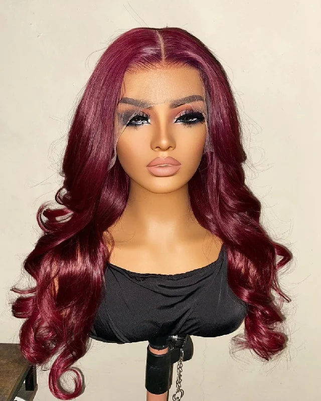 14-24inch Burgundy Red Pre Plucked 13*4 Front HD Lace Human Hair Wigs