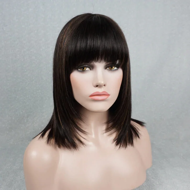 14inch Reddish Brown Highlights Glueless with Bangs Straight Breathable Cap Human Hair Wig