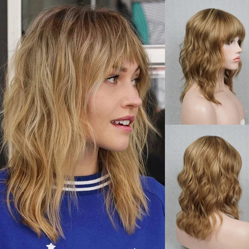 14inch Short Cut Golden Toffee Middle Part With Bangs Mono Top Human Hair Wig