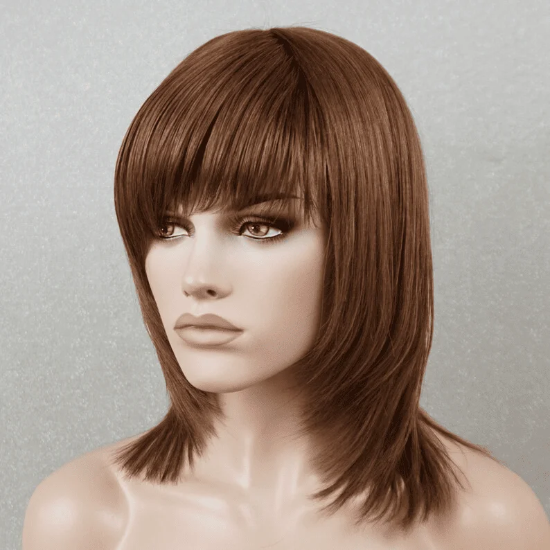 14inch Warm Brown Layered Cut Straight Glueless with Bangs Human Hair Wig