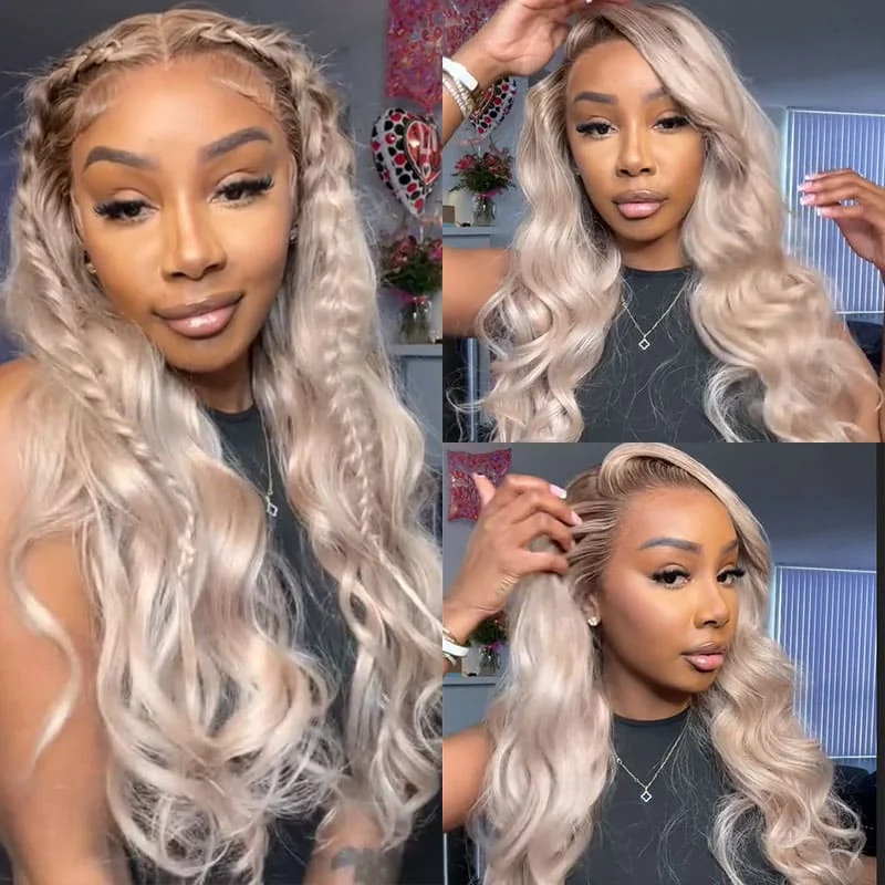 sleek wigs for women with smooth texture -(Super Deal) Chocolate Dipped Marshmallow Vibe Ash Blonde Ombre 13x4 Lace Frontal Wigs Body Wave 6x5 Pre Cut Lace Wigs