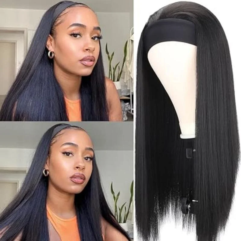 22inch Headband Wig Human Hair Straight None Lace Front Wigs Human Hair Natural Black Wig No Glue Easy to Wear Half Wig for Women Easy to Handle Low Maintenance