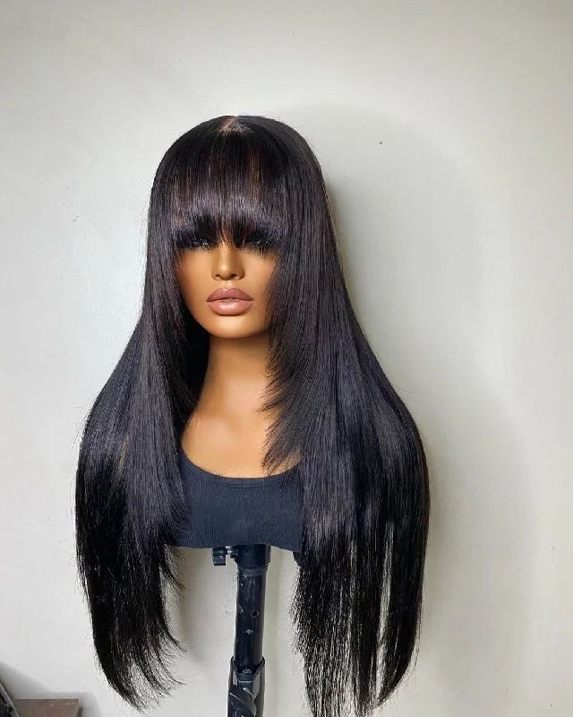 24inch Black Layered Cut Straight With Bang 5x5 Closure Human Hair Wig