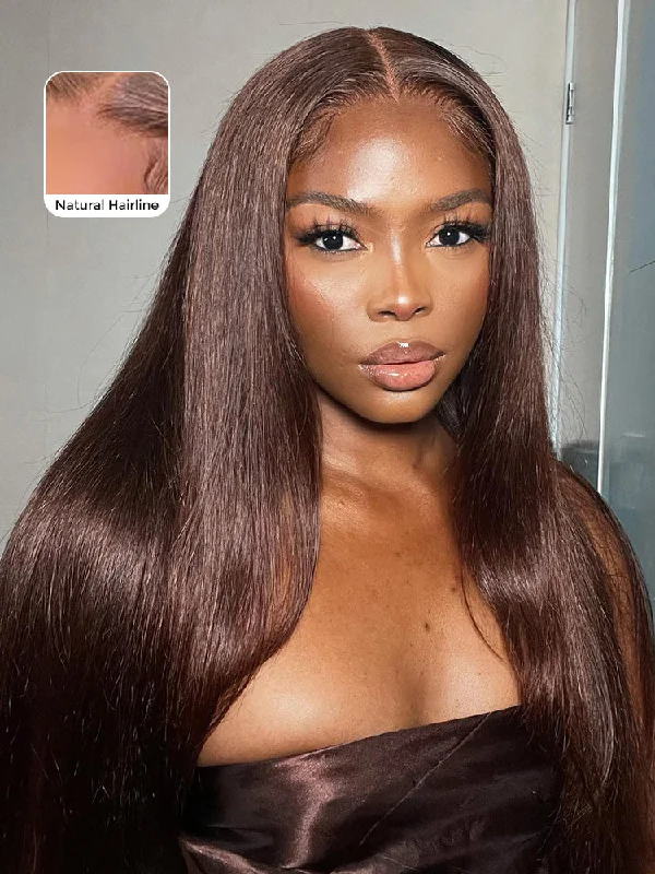 sleek black wigs for women with polished look -CurlyMe #4 Chocolate Brown Pre Cut Glueless Lace Straight Wear Go Wig