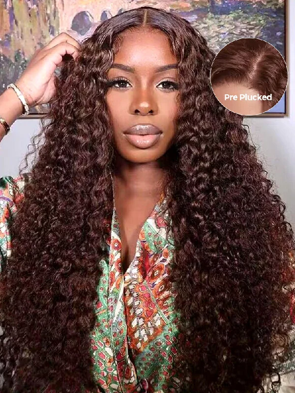 natural wigs for covering hair loss -CurlyMe #4 Chocolate Brown Pre Cut Glueless Lace Water Wave Wear Go Wig