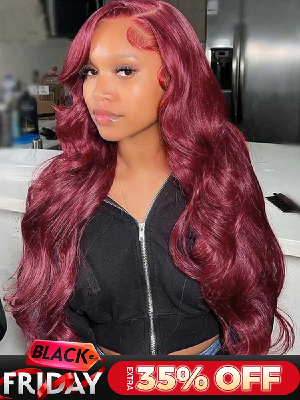 cheap synthetic wigs for casual use -CurlyMe 99J Burgundy Color Body Wave Hair 13x4 Lace Front Wigs Pre Plucked Hairline