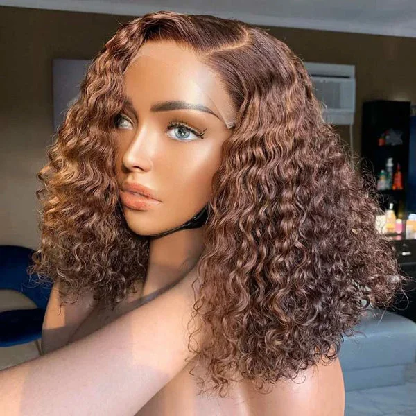 Brennas Short Bob Brown Curly 4x4 Lace Closure Wigs Human Hair Wig