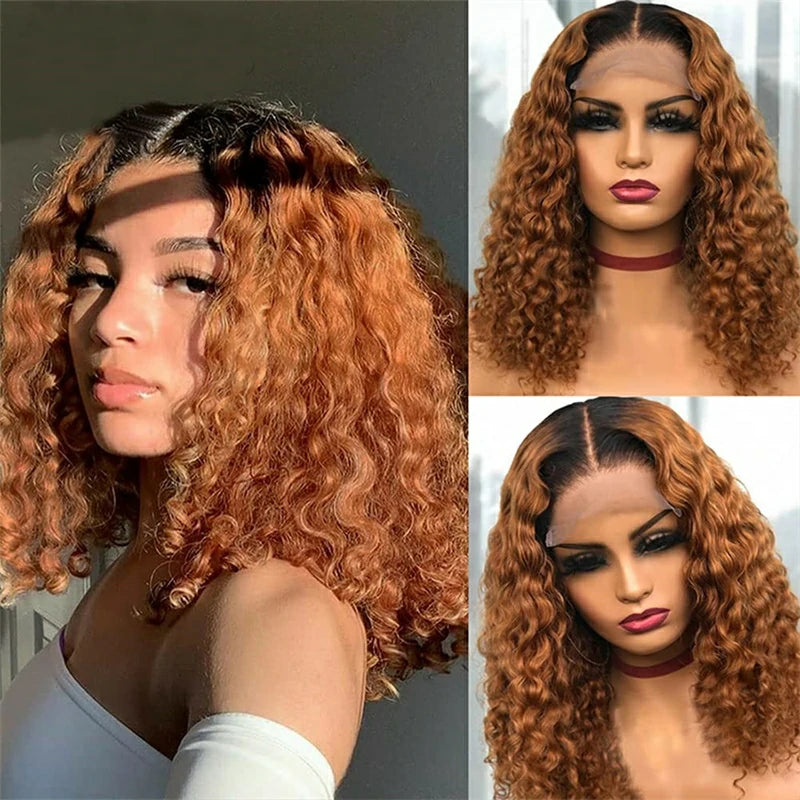 Ombre Brown Colored Human Hair 4x4 Lace Closure Wigs #1B/30 Brown Bob Curly Wigs Pre Plucked with Baby Hair