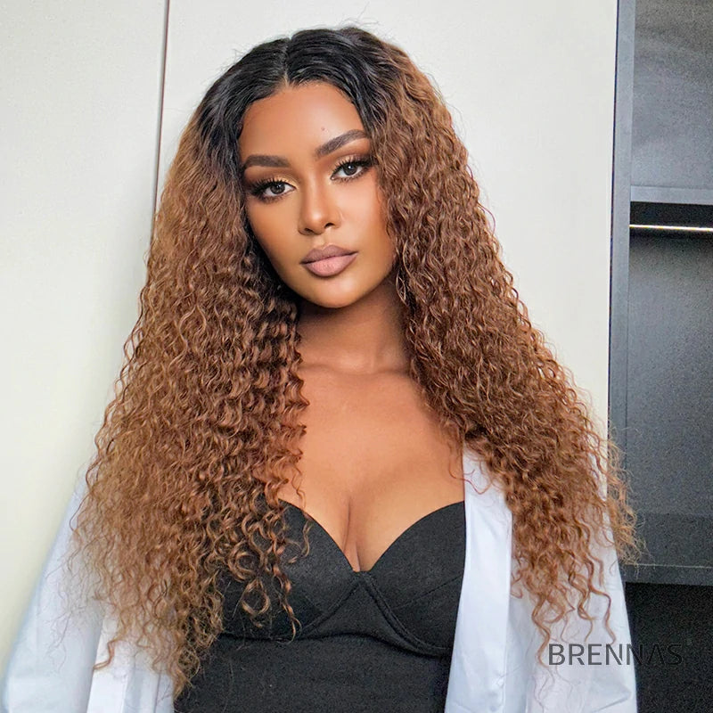 Brennas Hair Ombre Curly Human Hair Wigs Deep Wave Closure Wig Pre Plucked 4x4 Transparent Closure Wigs Water Wave For Women