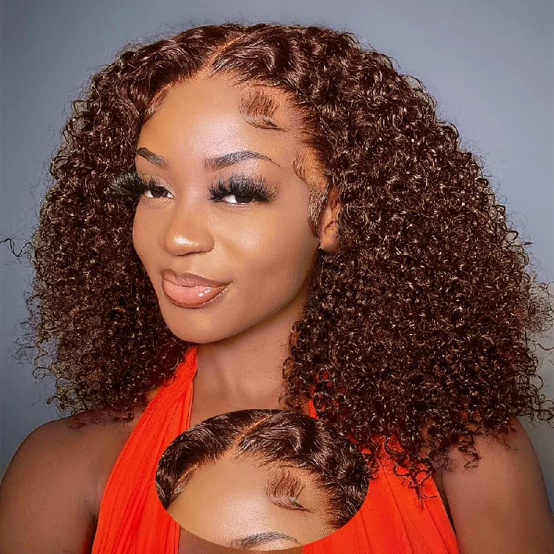 Brennas Hair Short Curly Chocolate Brown Bob Wig 4x4 Lace Closure Brazilian Virgin Human Hair Wigs