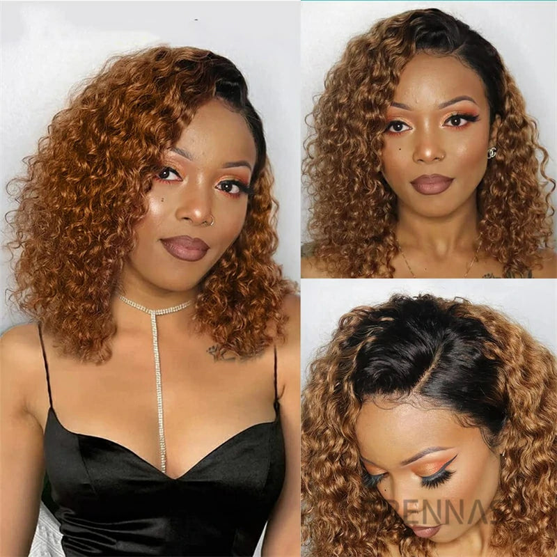 Brennas Hair Short Ombre Brown Curly Bob 13x4/13x6 Lace Front Wigs with Baby Hair for Black Women Human Hair Pre Plucked Dark Roots Wig