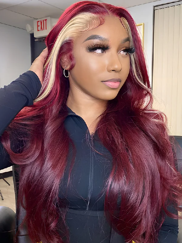 lace front wigs for fuller volume -CurlyMe Burgundy Color Straight Hair With Blonde Skunk Stripe 13x4 Lace Front Wig Highlights Ombre Hair