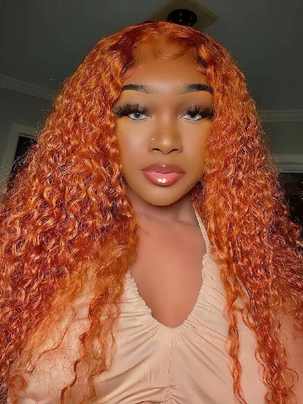 thick curly wigs for women -CurlyMe Ginger Color Kinky Curly Hair 13x4 Transparent Lace Front Wigs