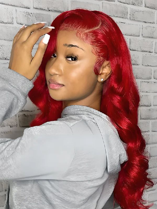 glueless wigs for quick application -CurlyMe Red Colored Body Wave Hair Lace Front Wigs Pre Plucked Hairline