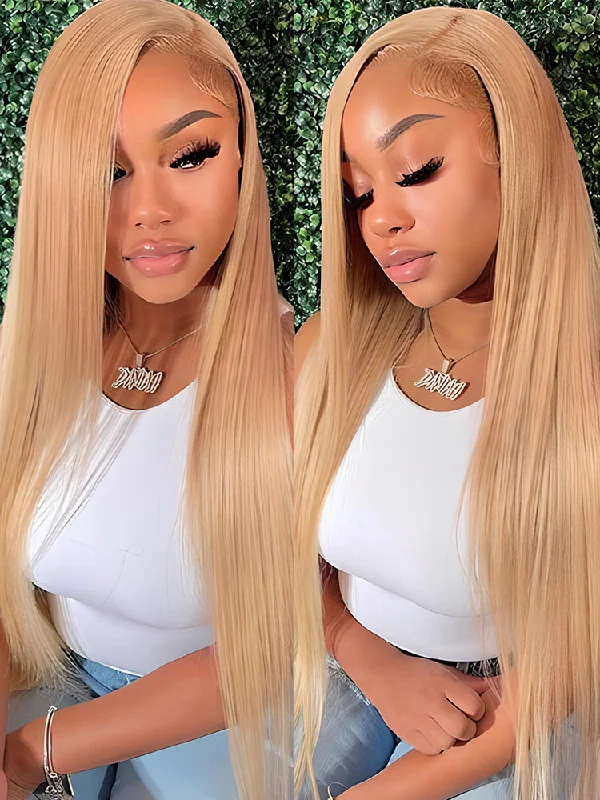 cheap wigs for women with fast shipping -CurlyMe #27 Pre Plucked 13x4 Lace Front Wigs Silky Straight Virgin Hair Honey Blonde Color