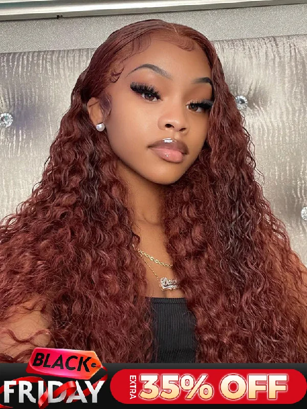 comfortable lace wigs for long wear -CurlyMe Reddish Brown Color Water Wave Auburn Hair 13x4 Lace Front Wigs Pre Plucked