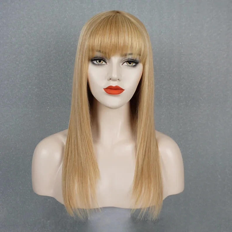 Cream Blonde Highlights Straight Layered Glueless With Bangs Human Hair Wig