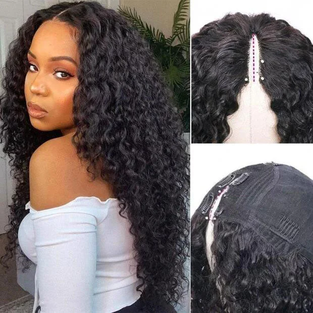 best wigs for balding women -Megalook Glueless V Part 0 Skill Needed Wig Thin Part Remy Hair Water Wave Wigs Upgrade U part Wig Without Leave out