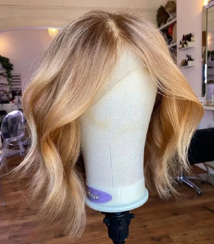 12-24inch Warm Tone Honey Blonde Wave 13x4 Transparent Lace Frontal Human Hair Wigs