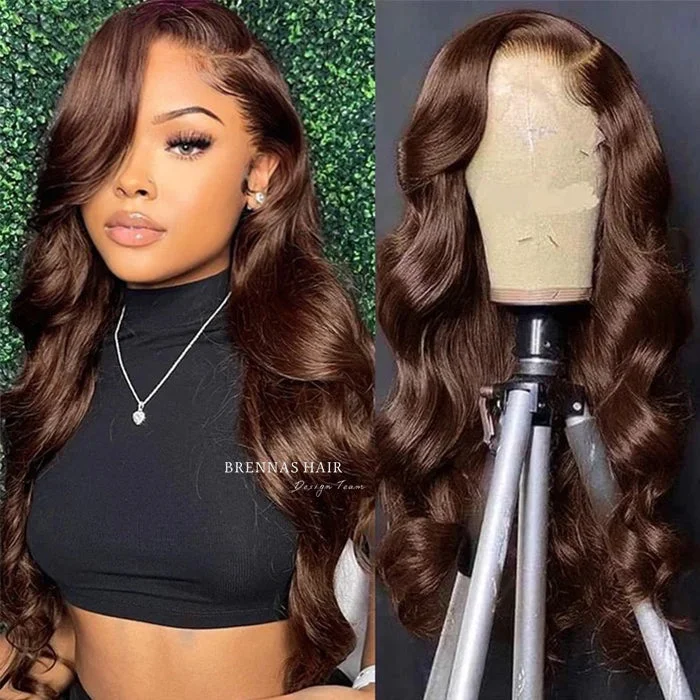 Brennas Hair 13x4 Chocolate Brown Colored HD Lace Front Wig Body Wave 13X6 Dark Brown Lace Frontal Human Hair Wigs For Women