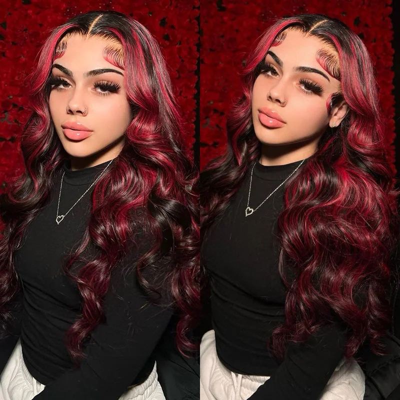 wigs for women with short neck -New Dark Burgundy With Rose Red Highlights 13x4 Lace Front Hand Curls Wig