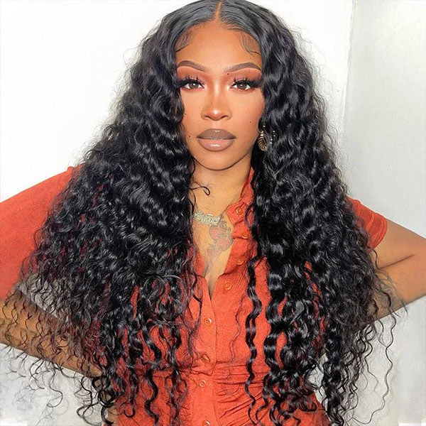 glueless full lace wigs for women -OQ HAIR Deep Wave Wear Go Glueless Wig Bleached Knots Pre-cut 7x5 HD Lace Wig